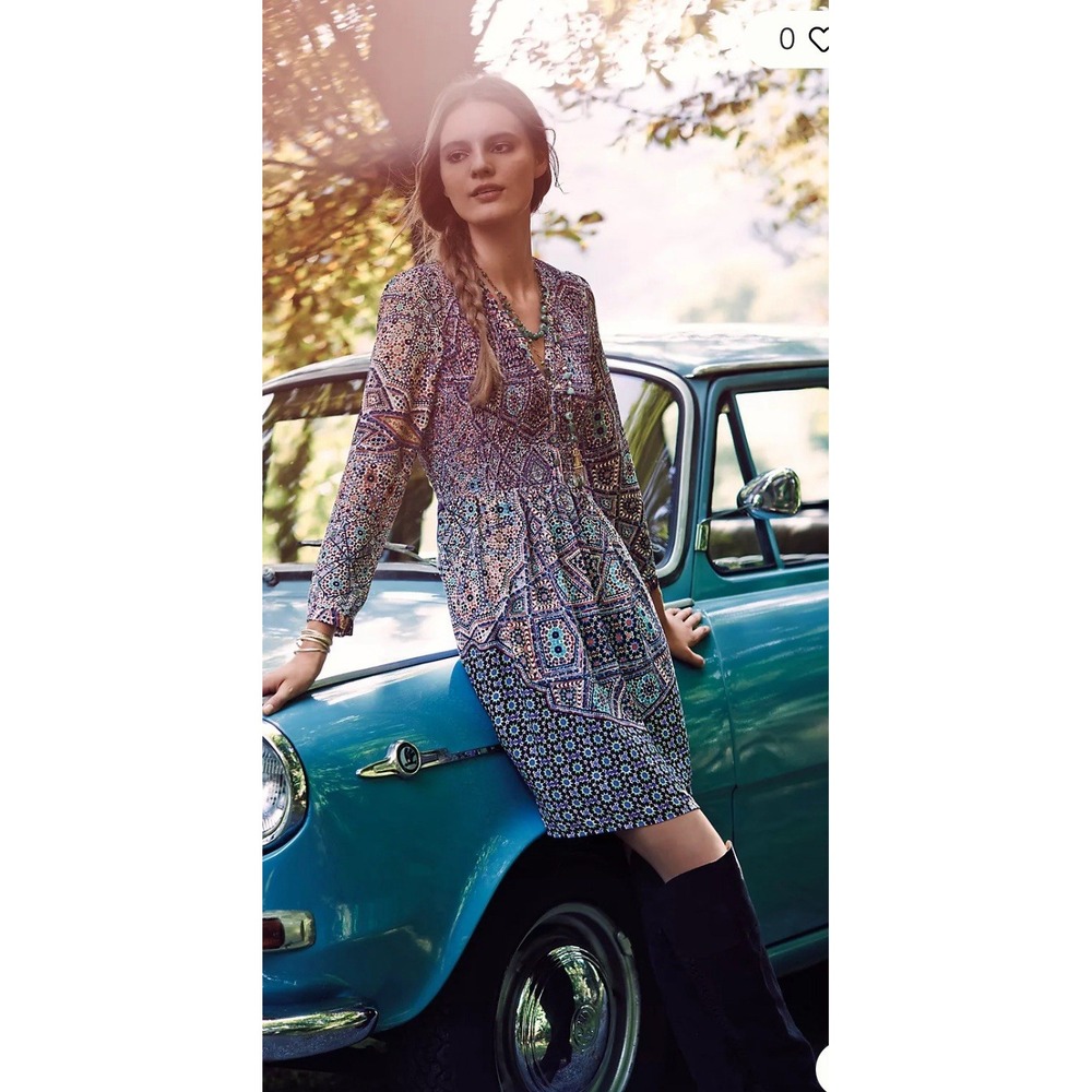 Maeve Anthropologie Floral Dress Tiled Amethyst Dress‎ Size Small Smocked
